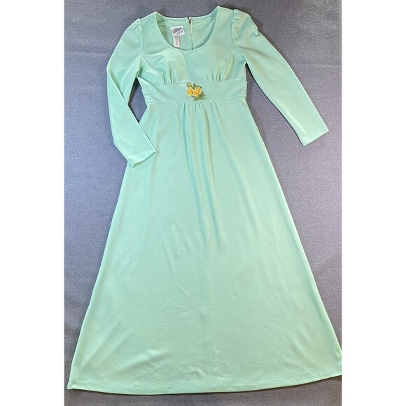 Allegro New York 70s Vintage Long Sleeve Mint Green Maxi Dress - Picture 1 of 8